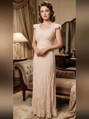 Vtg Eastern Isles 1940s Pale Pink Old Hollywood Glamour Full Lengh Nightgown 36